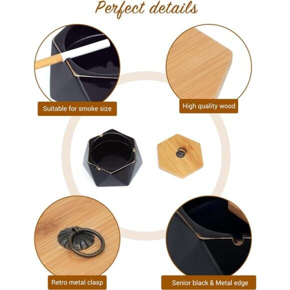 ashtrays for Cigarettes, Pink Marble Ceramic ash Tray with lid,Outdoor Ashtray - Picture 3 of 8